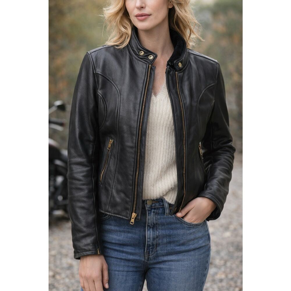 Steinmark Black Leather Moto Jacket with Gold Hardware